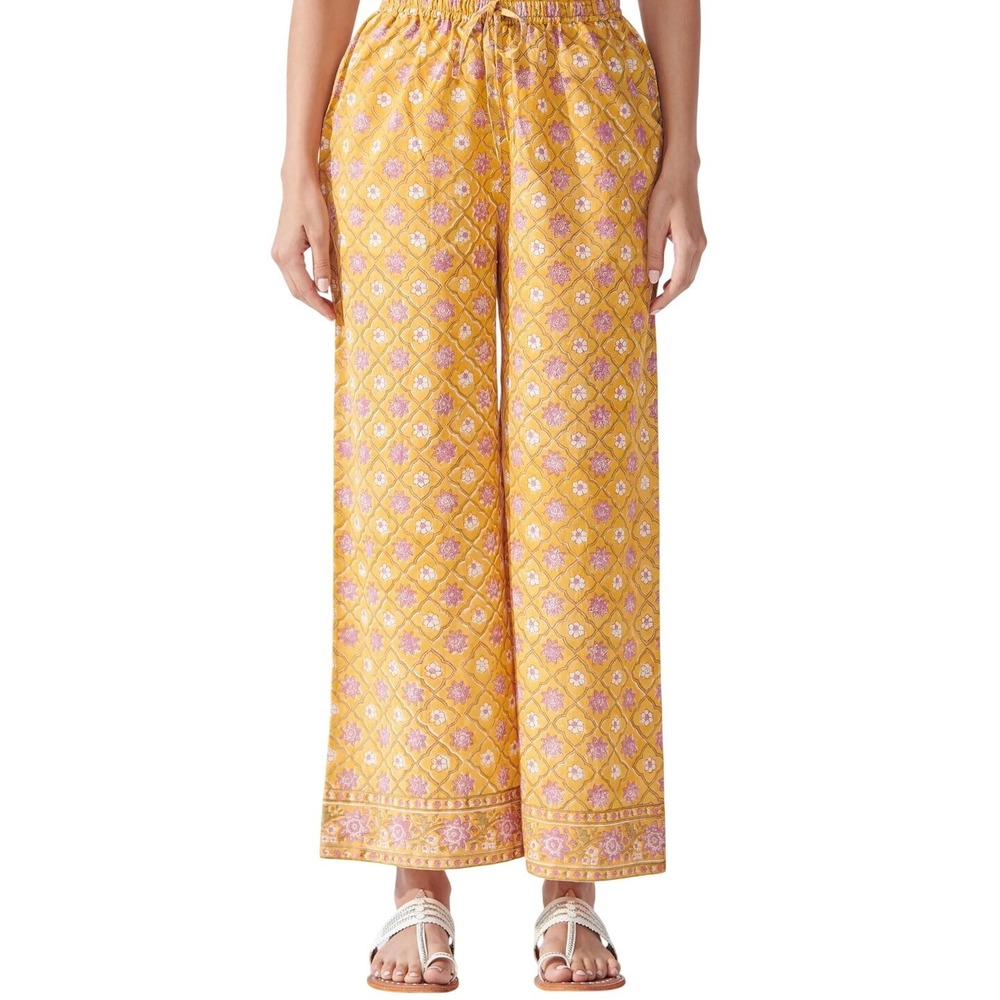Farida Gupta Yellow Hand Block Printed Straight Farsi Floral Pants Womens Medium